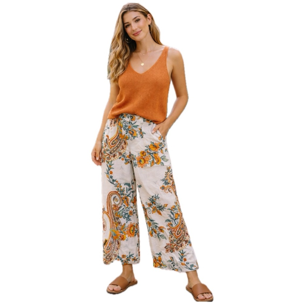 Rachel Zoe, Linen Blend Wide Leg Pants Floral Paisley Boho Resort, Size NWT